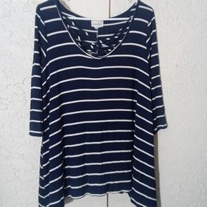 Lovely J | Large 3/4 Sleeve Navy/White Striped Blouse
